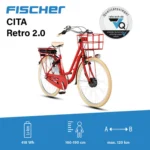 FISCHER E-Bike Pedelec City Cita Retro 2.0, Rahmenhöhe 48 cm, 28 Zoll, Akku 418 Wh, Vorderradmotor, tiefer Einstieg, Nabenschaltung, LED Display, rot – Bild 2