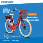 FISCHER E-Bike Pedelec City Cita Retro 2.0, Rahmenhöhe 48 cm, 28 Zoll, Akku 418 Wh, Vorderradmotor, tiefer Einstieg, Nabenschaltung, LED Display, rot – Bild 3